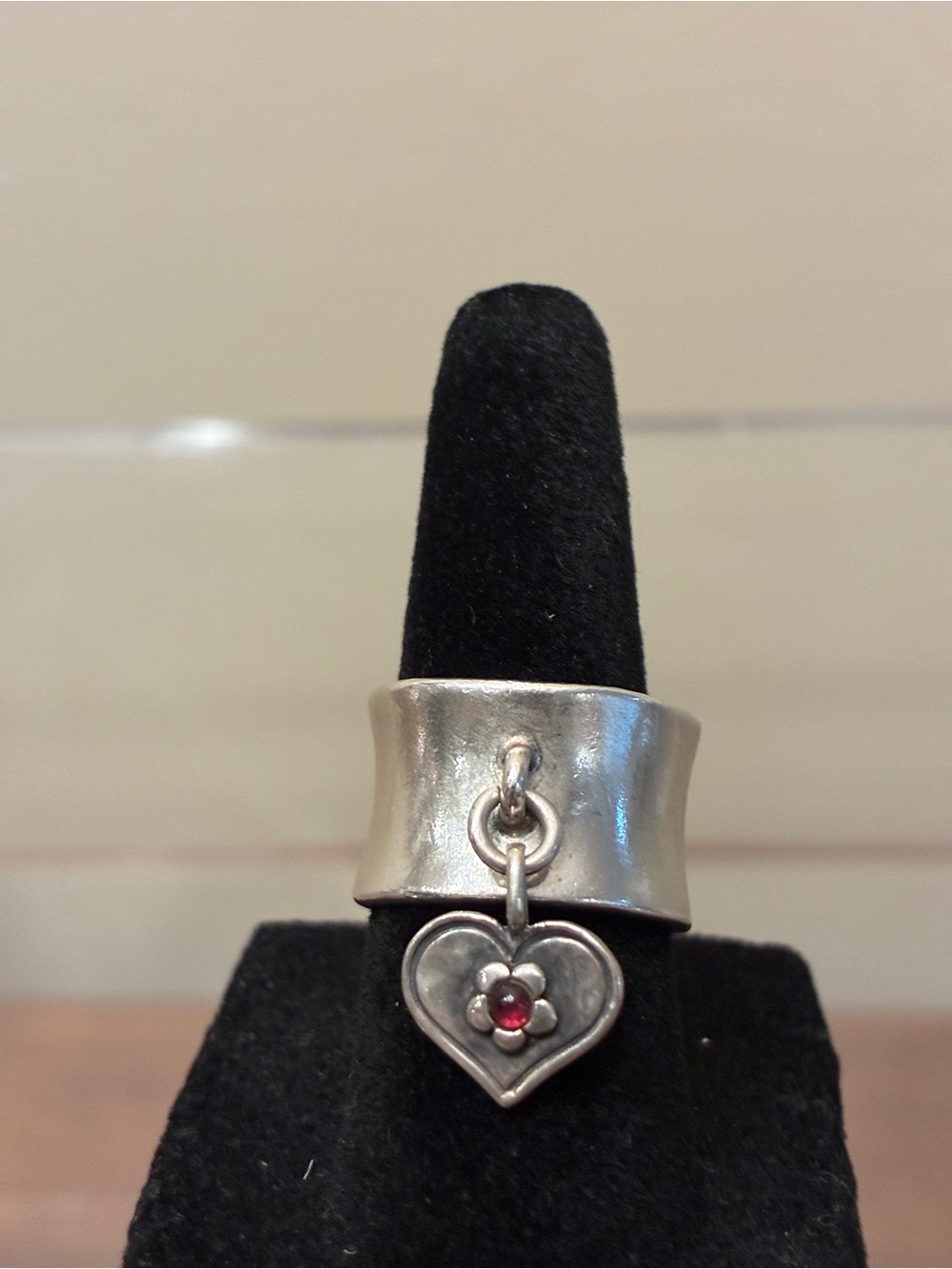 Silpada .925 Sterling Silver Reversible Heart Charm Ring with Garnet Stone